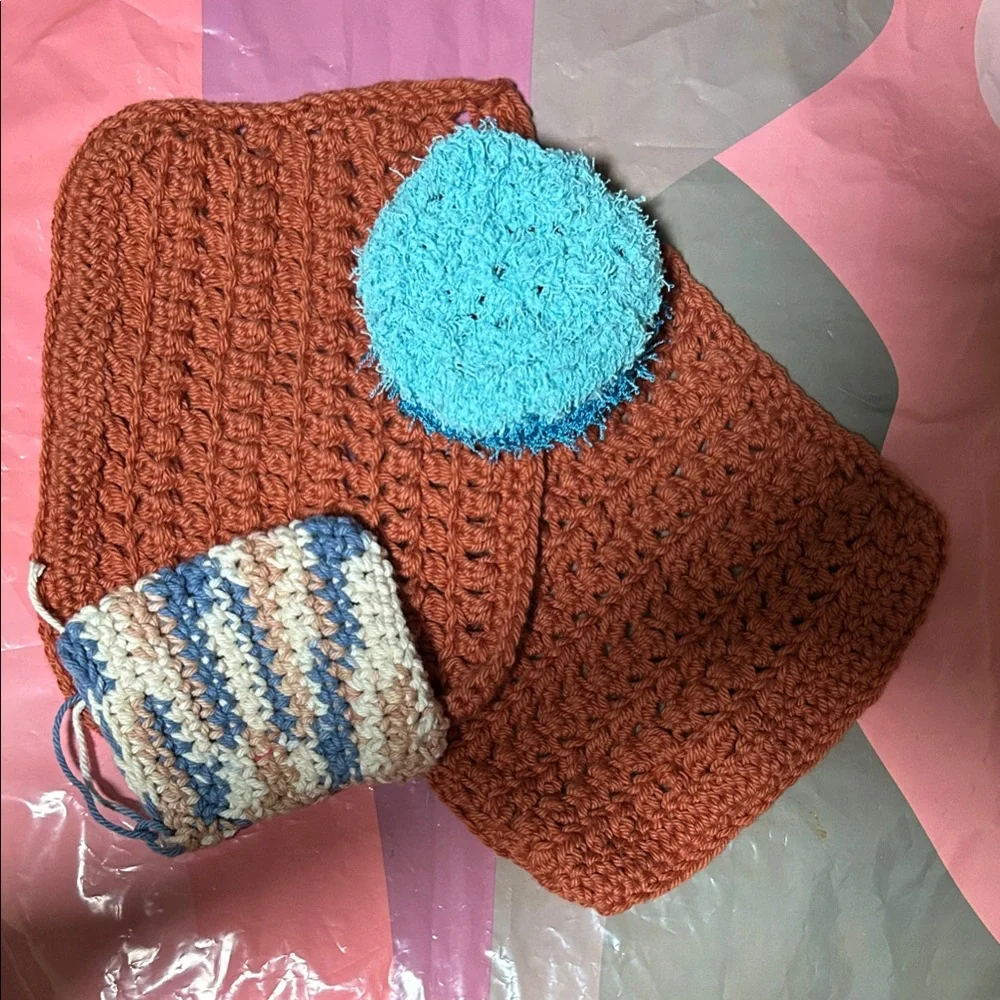 Handmade Crochet dish cloth Set in Rust and Blue with dish scrubby - Picture 2 of 5